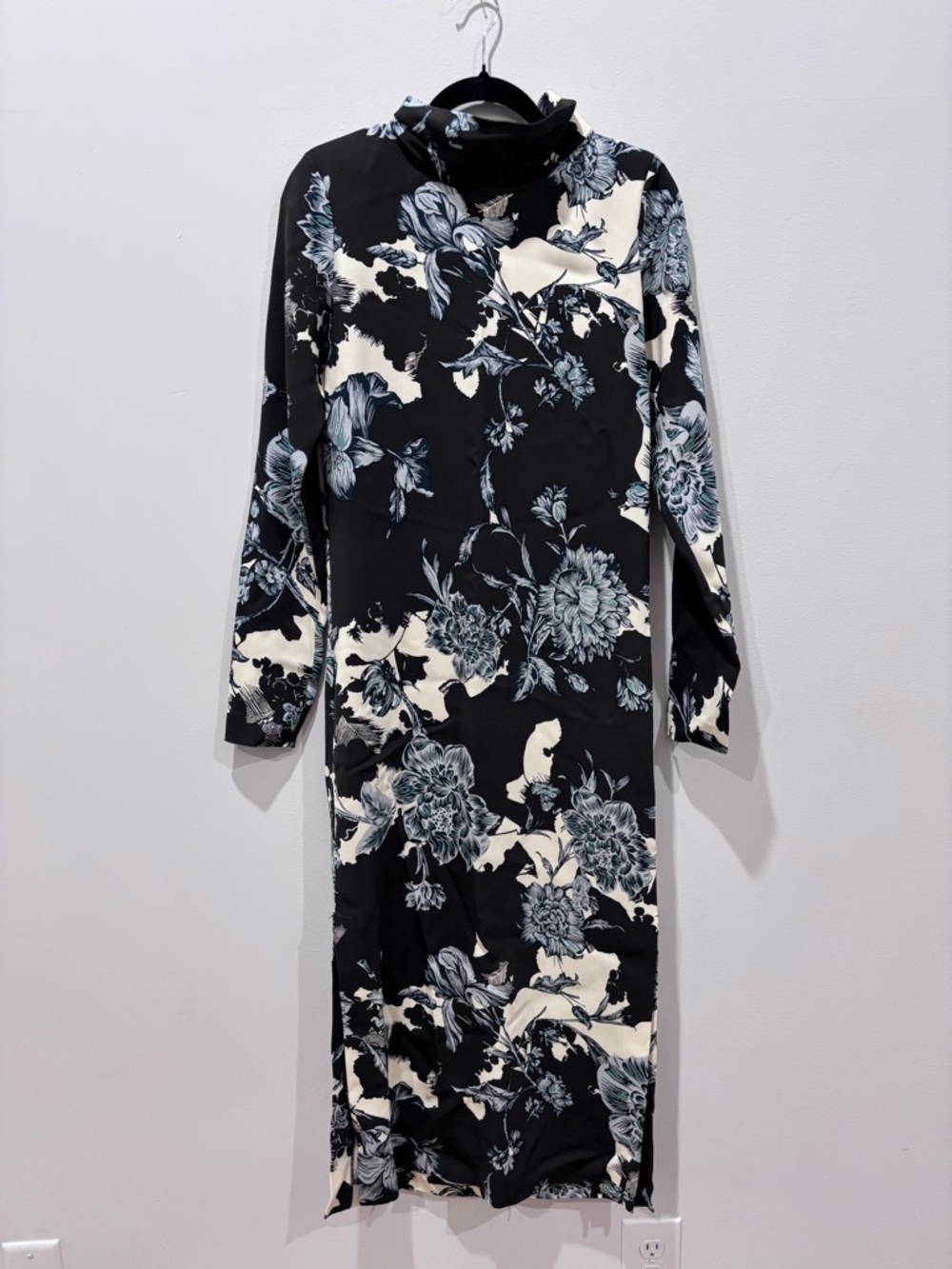 Reiss Black and Cream Floral Turtleneck Midi Dress